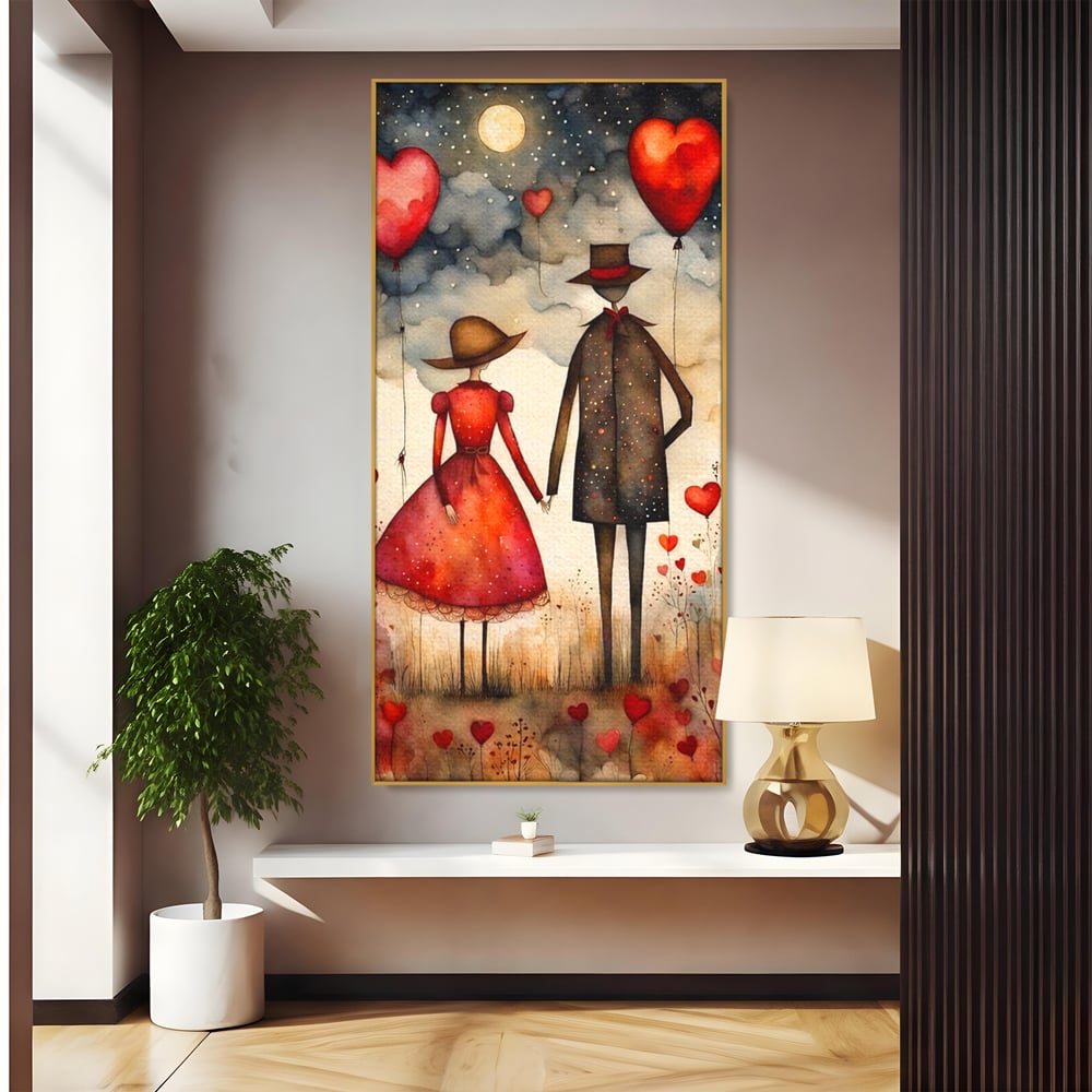 Tablou canvas cu ilustratie cu cuplu si baloane rosii in forma de inima, in rama de aluminiu auriu